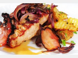 High Pork Steak with Roasted Red Onion and Bacon, Roasted Potatoes