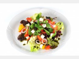 Greek Mixed Salad with Olives, Feta Cheese, Olive Oil and Sweet Basil